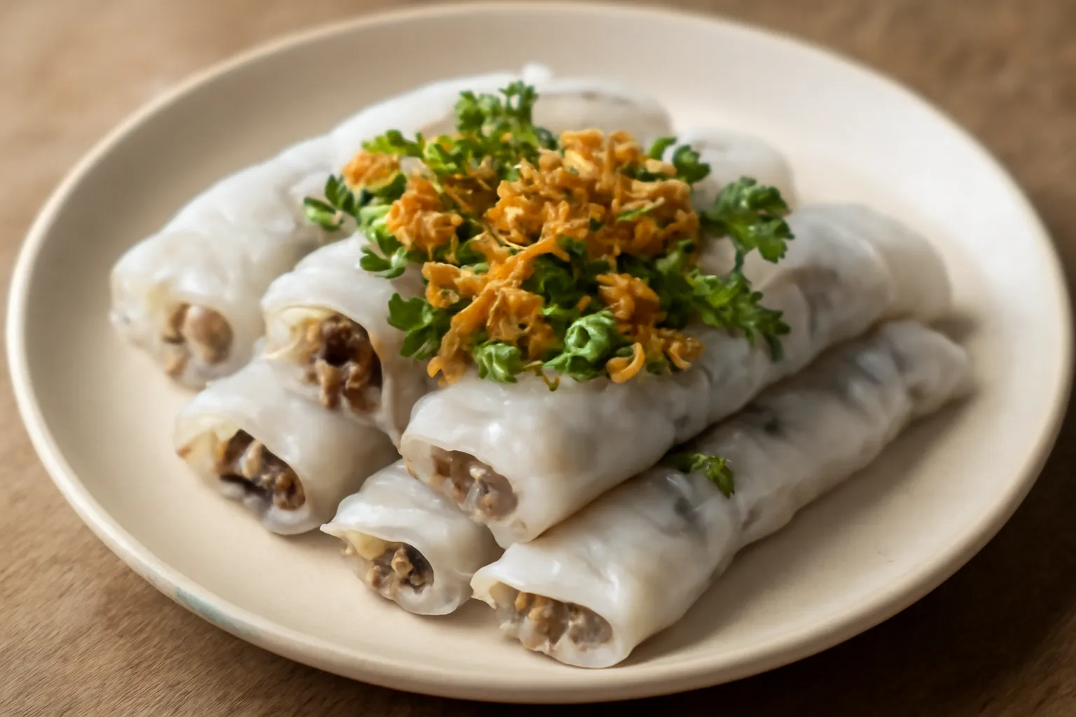 Đĩa bánh cuốn chay rắc hành phi và rau thơm