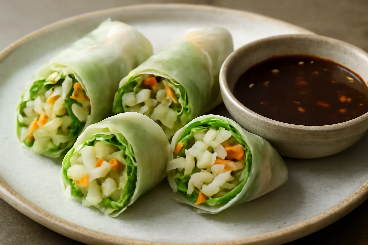 Đĩa bò bía chay cắt khúc với nước chấm