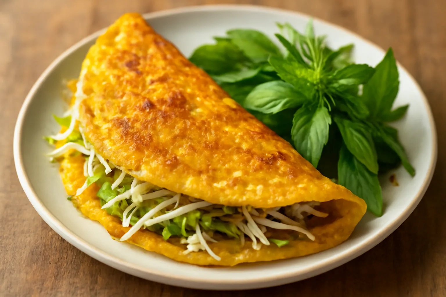 Chiếc bánh xèo chay vàng giòn gập đôi với rau sống