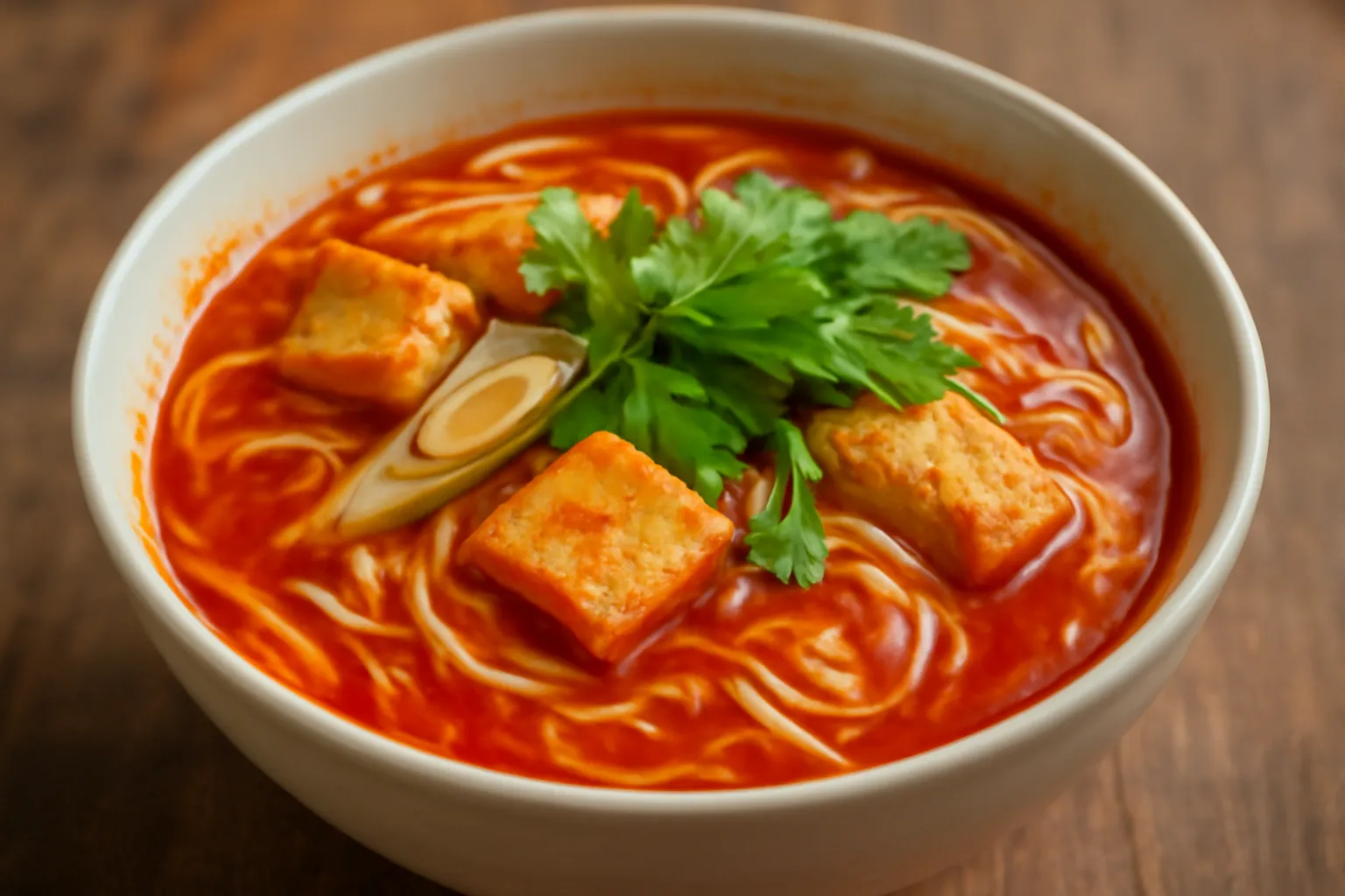 Tô bún bò Huế chay màu đỏ với sả và rau
