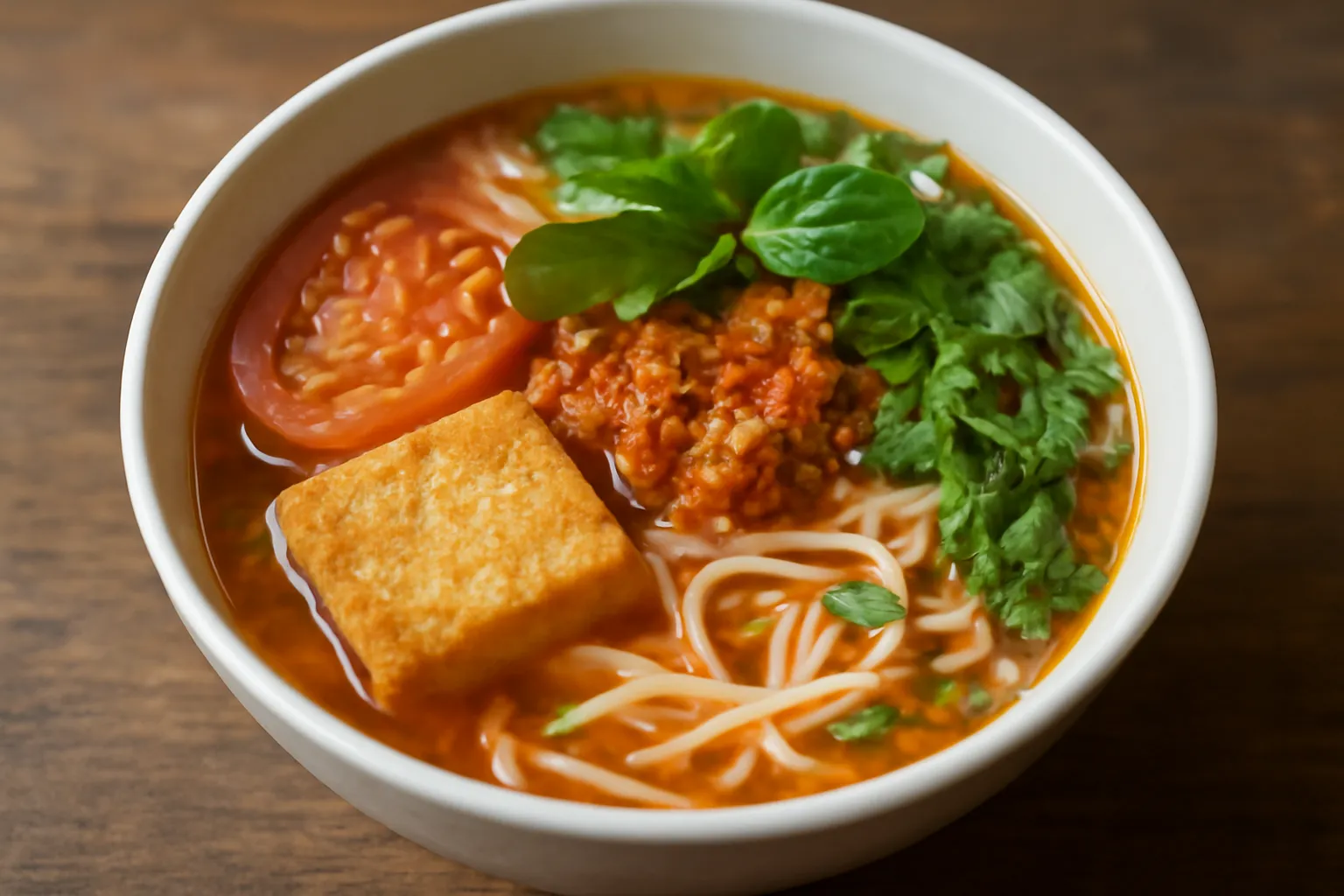 Tô bún riêu chay màu đỏ gạch với đậu hũ và cà chua