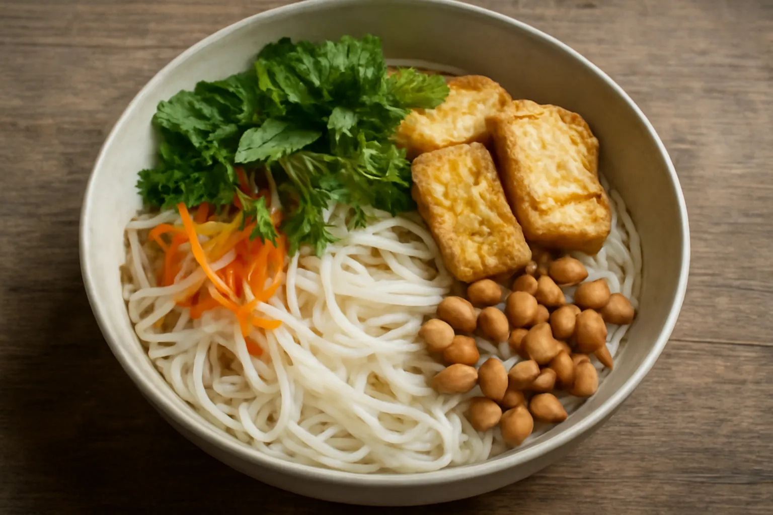 Tô bún trộn chay với rau sống và đậu hũ chiên