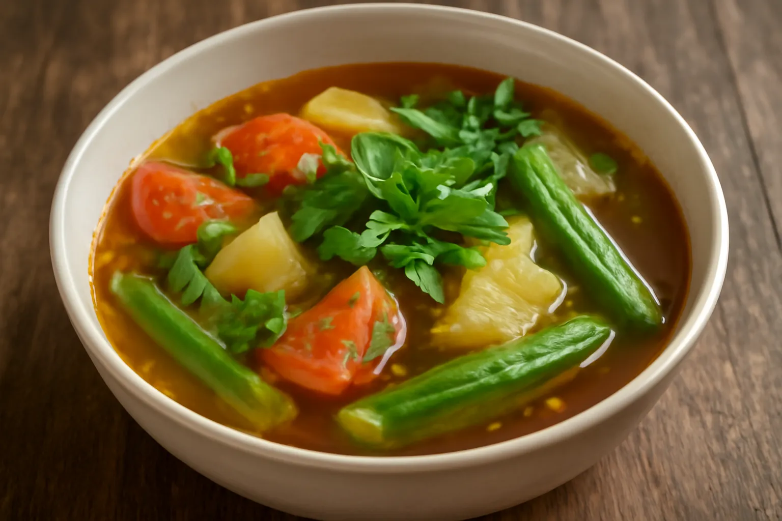 Tô canh chua chay với cà chua, dứa và đậu bắp