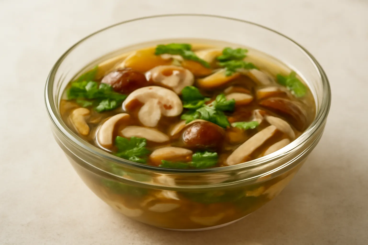 Bát canh nấm trong với nhiều loại nấm