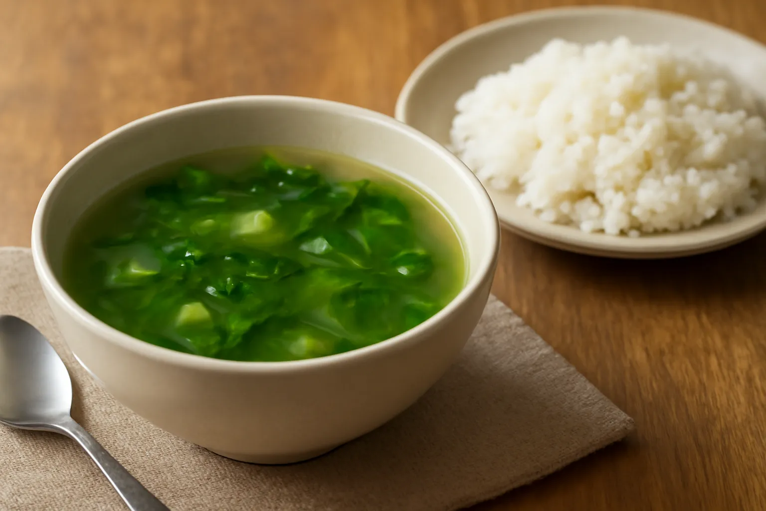 Bát canh rau xanh trong bên mâm cơm