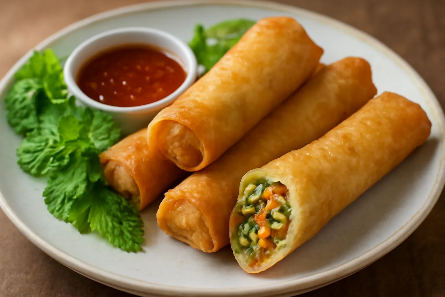 Đĩa chả giò chay vàng giòn cắt đôi
