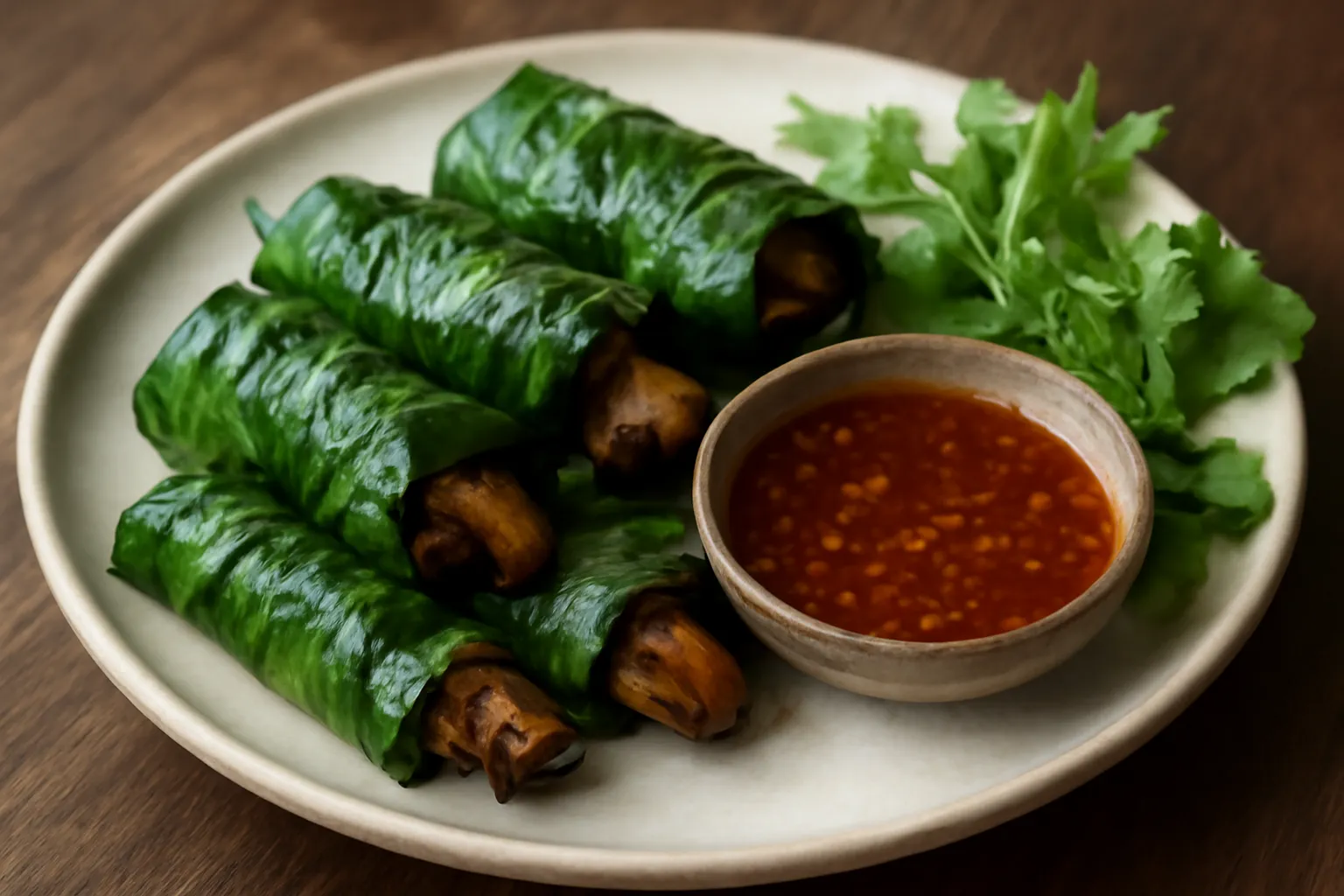 Đĩa nấm cuốn lá lốt nướng thơm