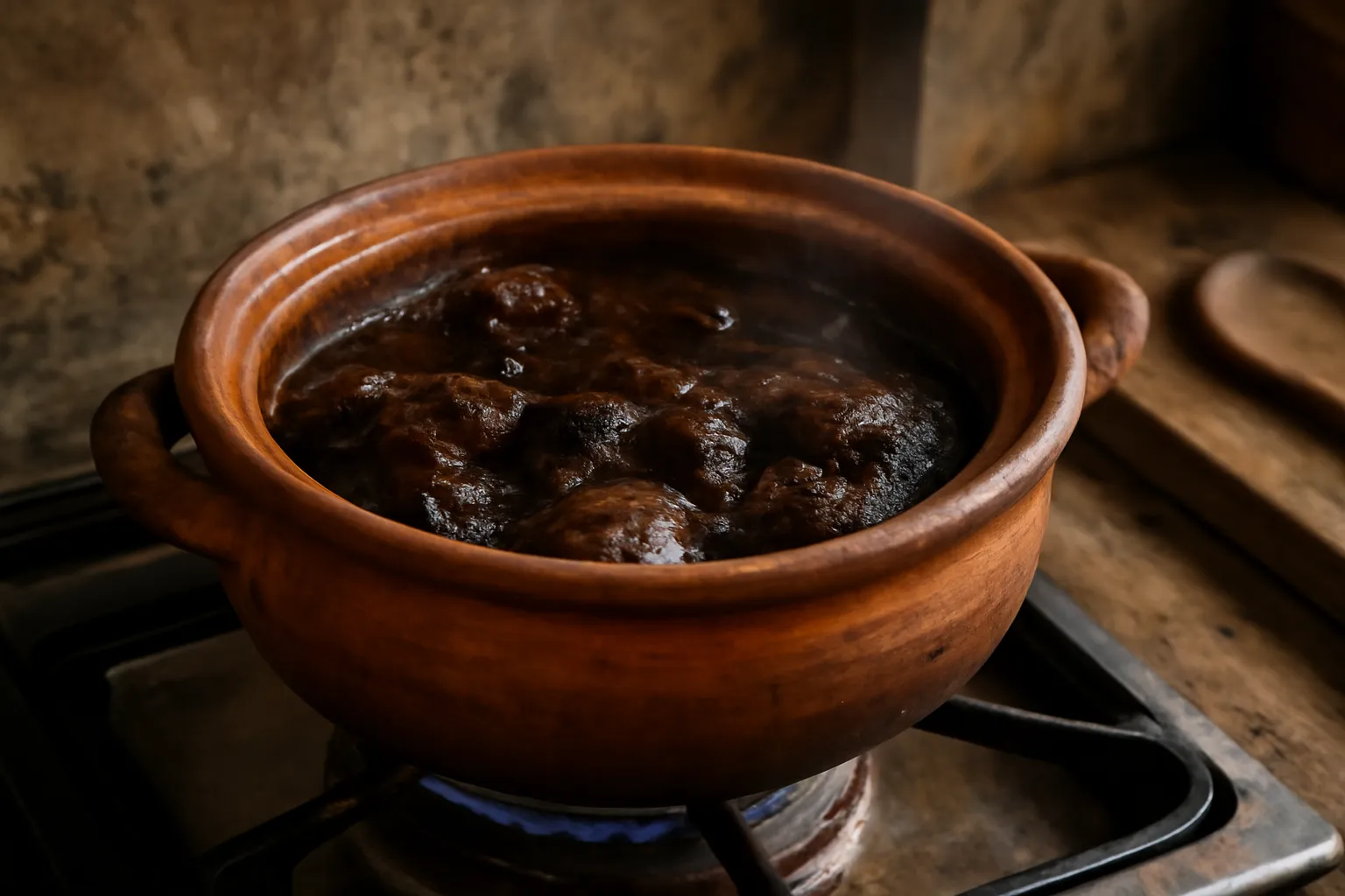Nồi đất kho đang sôi lăn tăn trên bếp