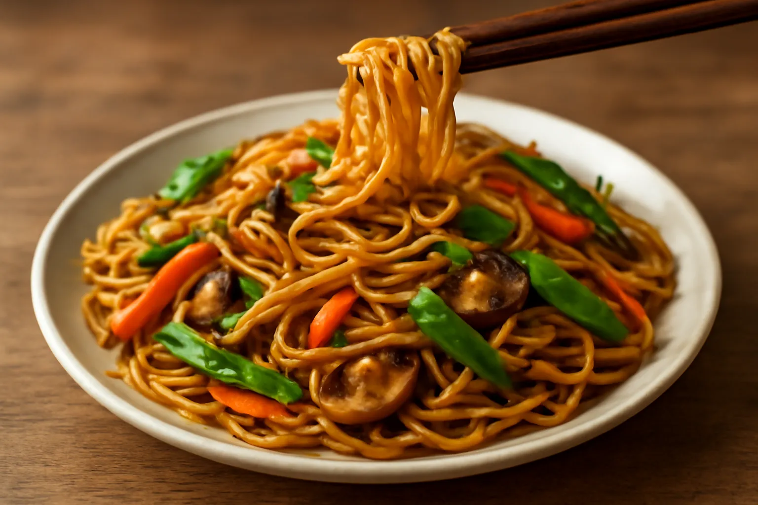 Đĩa mì xào chay với rau củ nhiều màu