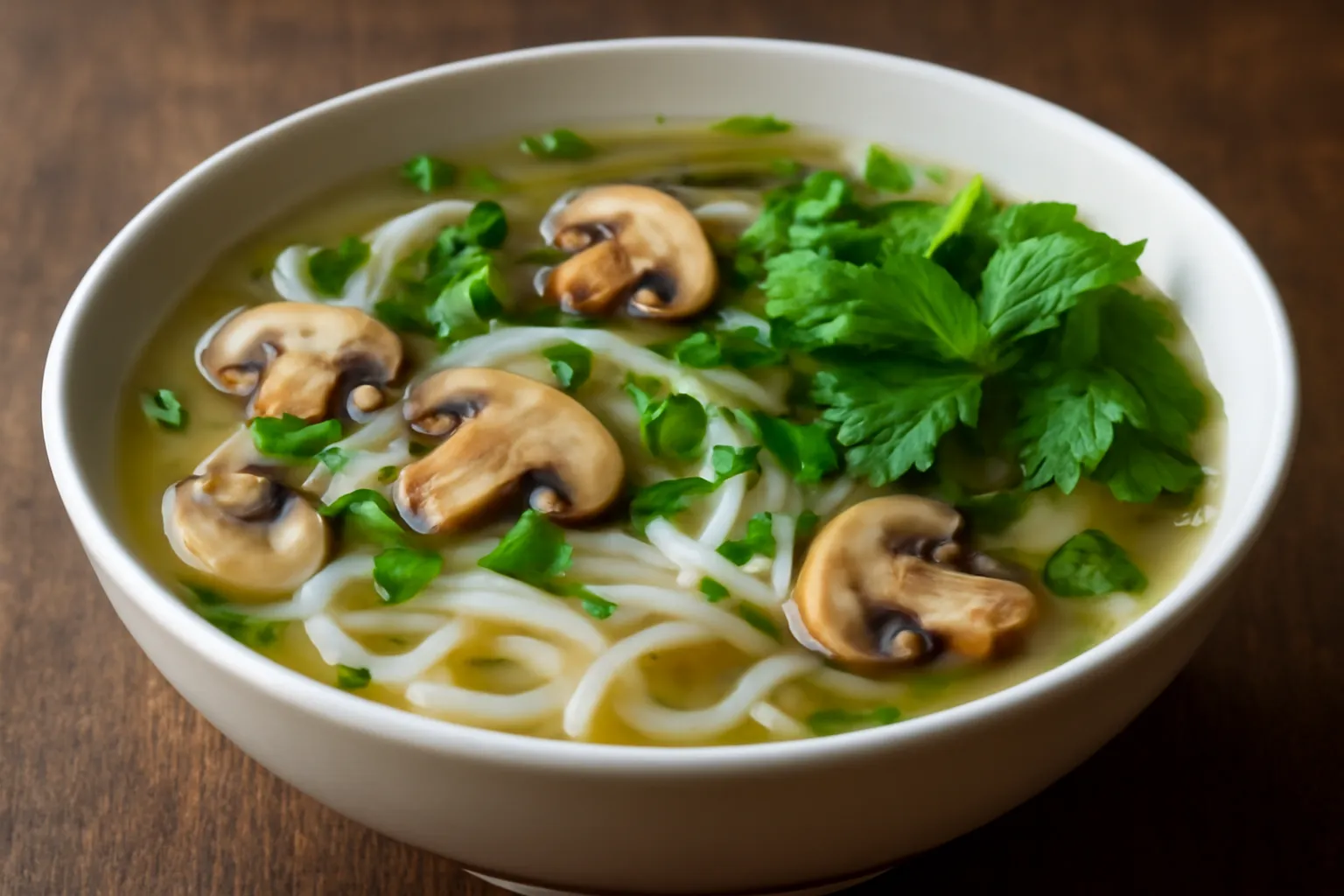 Tô phở chay với bánh phở, nấm và rau thơm