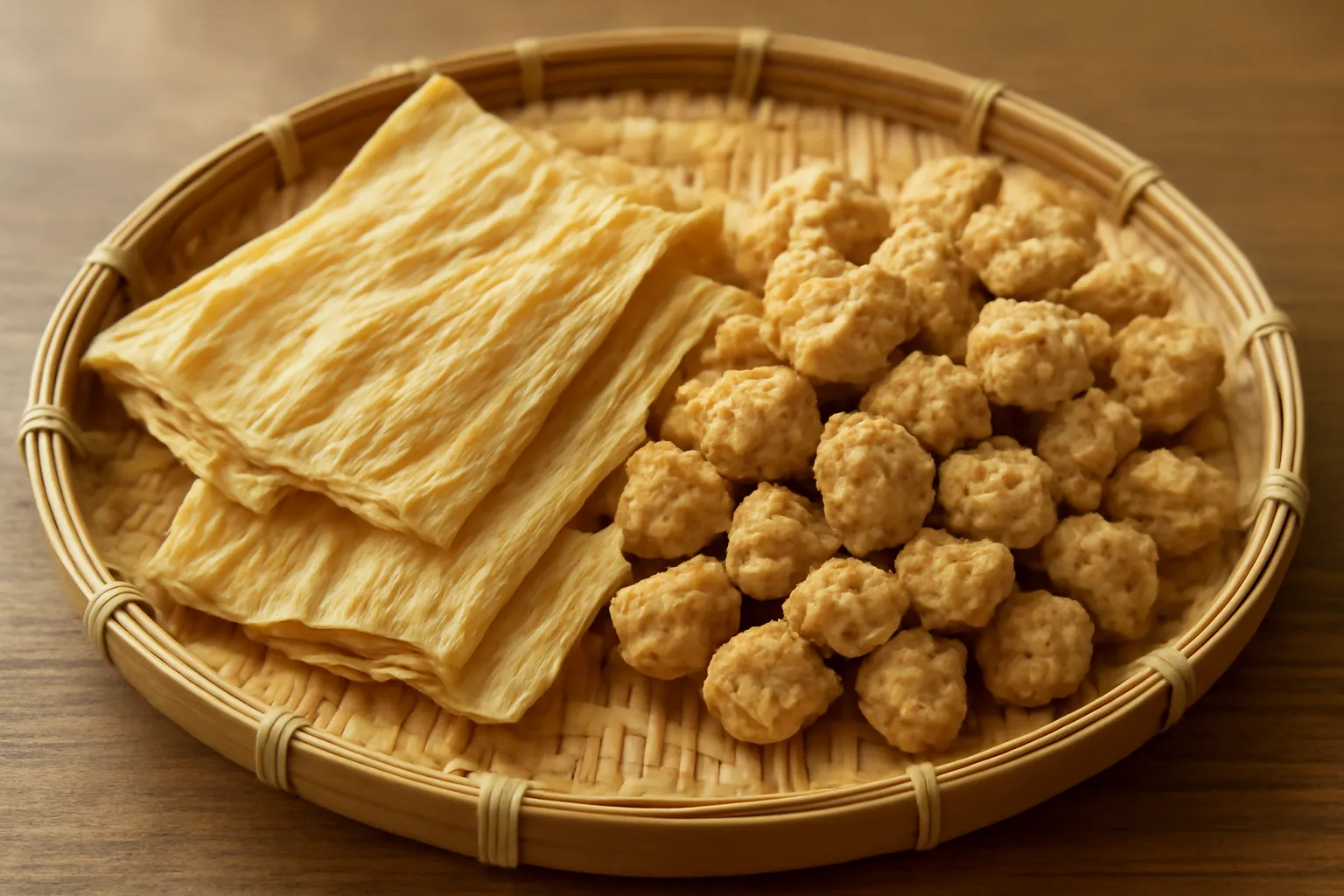Tàu hũ ky khô và đạm nành khô bày trên rổ tre
